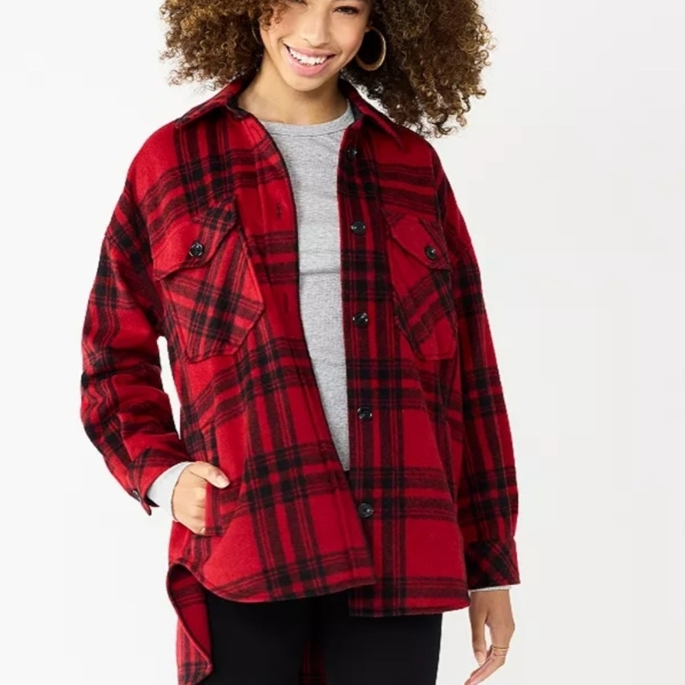 Womens Shacket Kohl's So Red and Black Plaid Utility Jacket Size Small